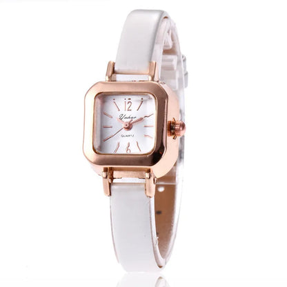 Women's fashion watch with alloy case in black, white, pink, or brown colour options showing 10mm thickness