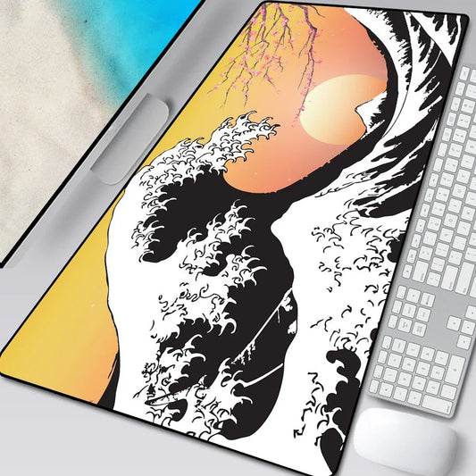 Natural rubber computer mouse pad with printed cloth surface and overlock stitching in multiple size options