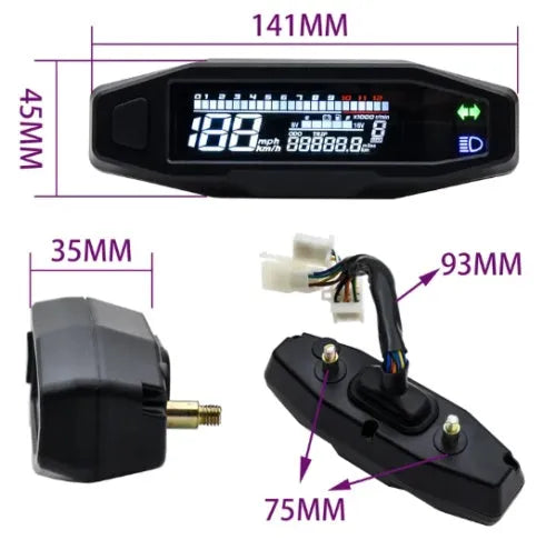 Black motorcycle mini speedometer with LCD display, measuring 141mm x 45mm, showing speed and fuel gauges