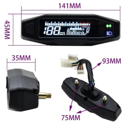 Black motorcycle mini speedometer with LCD display, measuring 141mm x 45mm, showing speed and fuel gauges