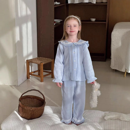 Girls' long sleeve two-piece home wear set in cotton gauze fabric with solid colour design