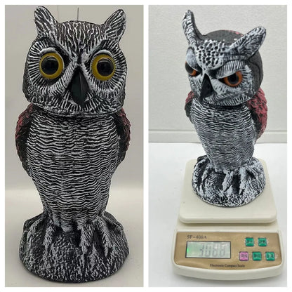 Set of artificial owl bait ornaments with shaking heads for scaring birds outdoors.