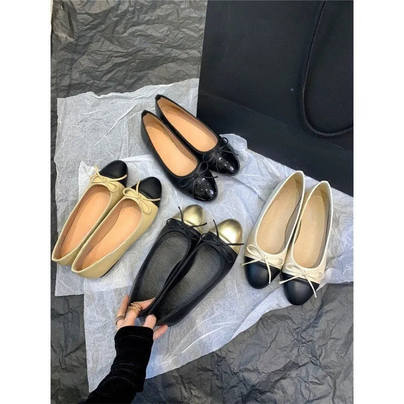 Ballet flat shoes with soft rubber soles and decorative bowknot detailing available in apricot, beige and black-gold colours in UK sizes 35-40 featuring round toes and low-cut uppers for universal sports and casual wear