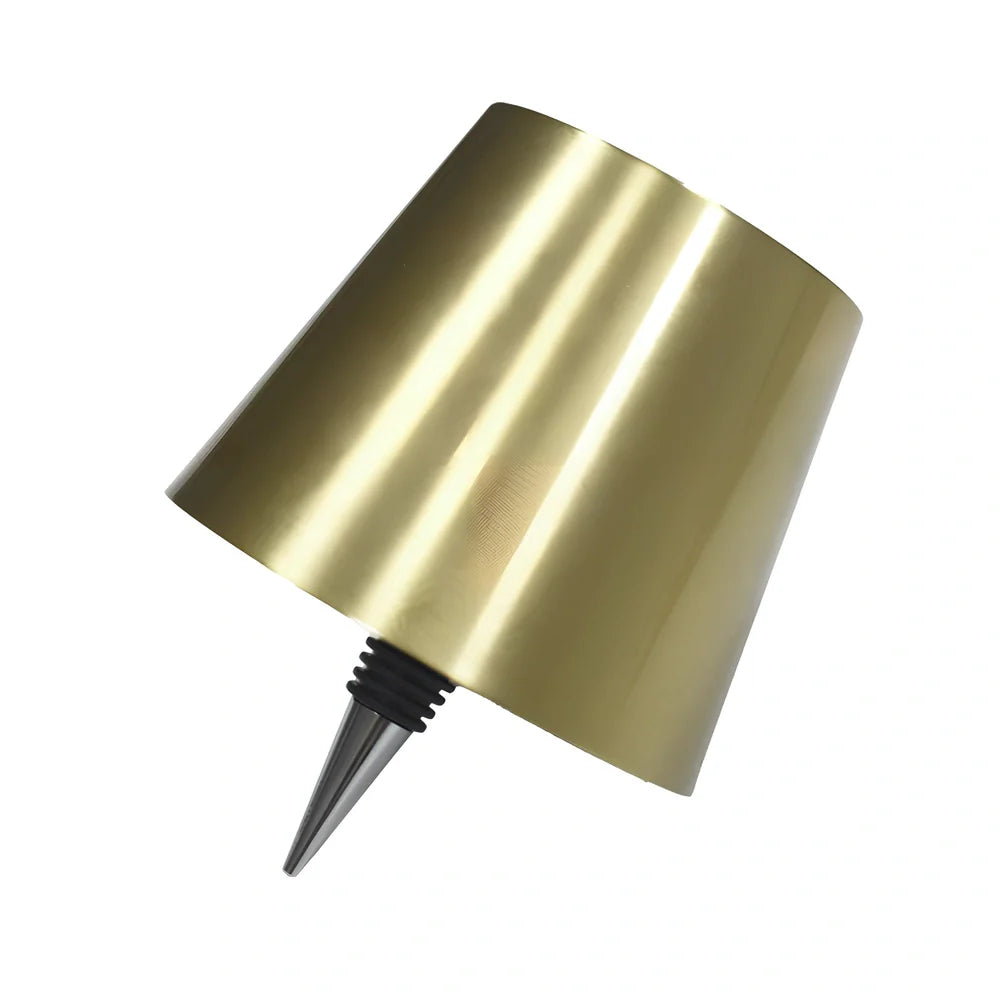 Wireless LED desk lamp with wine bottle design showing detachable components and touch control panel