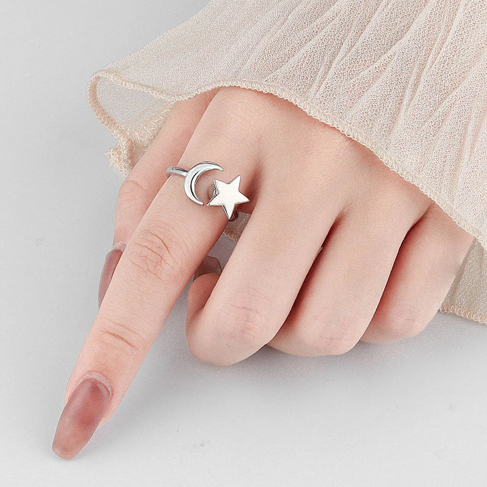 Adjustable Star-Moon Rotating Ring for Women in gold and white gold finishes
