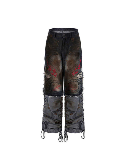 Men's wide-leg retro jeans with detachable trousers legs showing conversion between full-length and shorts