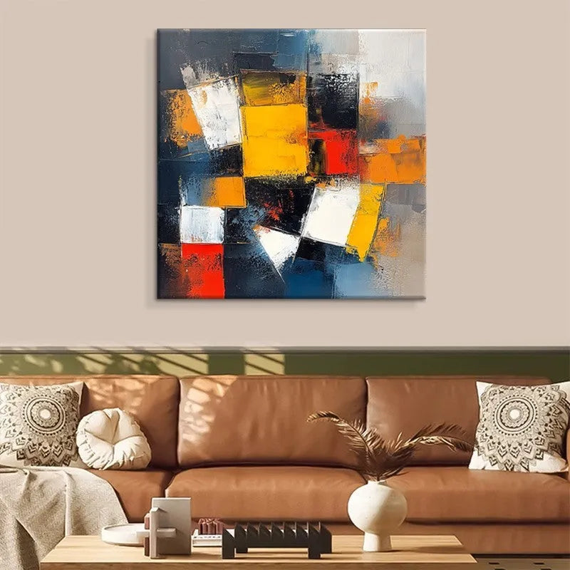 Hand-painted abstract oil painting on canvas, square unframed one-panel wall art, rolled for delivery