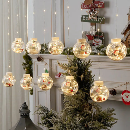 Christmas curtain light set with 10 fairy ball lamps showing snowman, wishing ball and Christmas tree designs