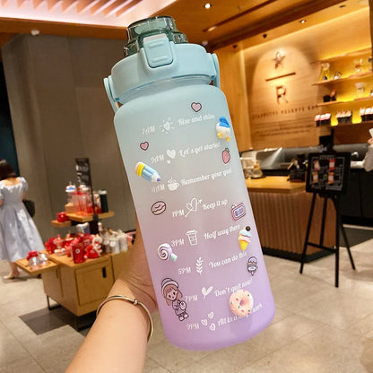 2000ml gradient color water bottle with straw and scale feature