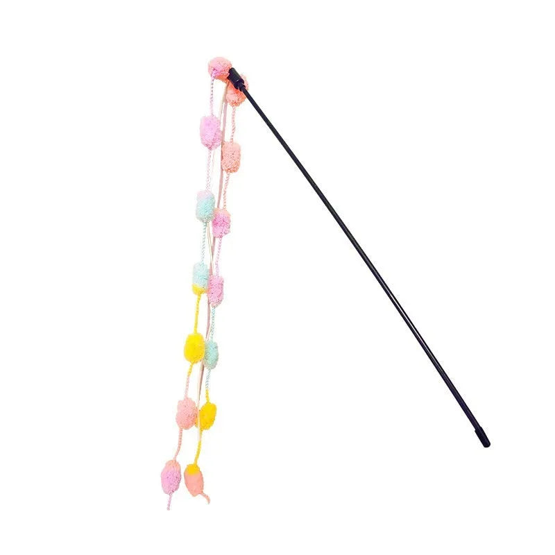 Rainbow cotton candy cat teaser wand with bell and tassel on 60cm telescopic pole