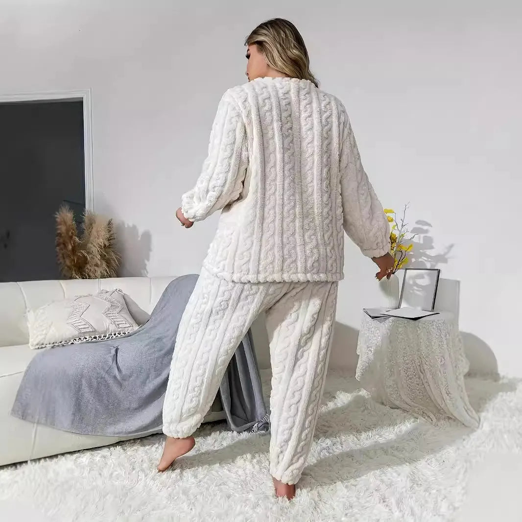 Women's creamy white plush polyester two-piece lounge suit set with crew neck top and matching trousers