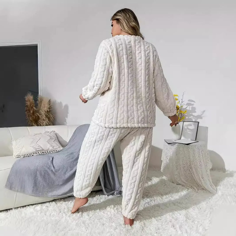 Women's two-piece lounge suit set with crew neck long sleeve top and matching trousers in plush polyester fabric, available in creamy white colour across Asian sizes from S to XXL with Japanese and Korean casual style