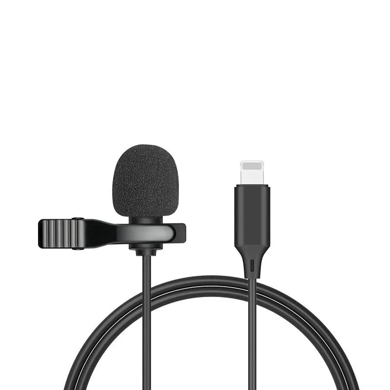 Wired lavalier microphone with clip and in-ear headphones for iPhone and 3.5mm devices.