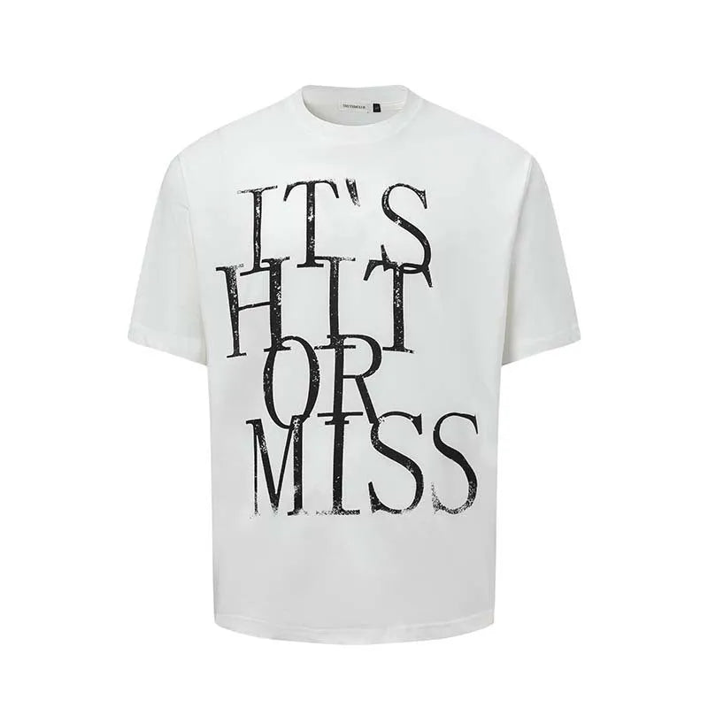 Men's loose blue t-shirt with large white letter print on the chest.