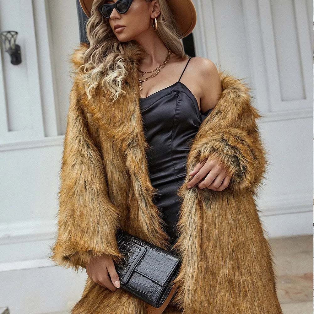 Yellow women's faux fur coat with 80cm length and loose fit for casual commute style