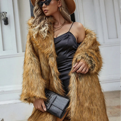 Yellow women's faux fur coat with 80cm length and loose fit for casual commute style