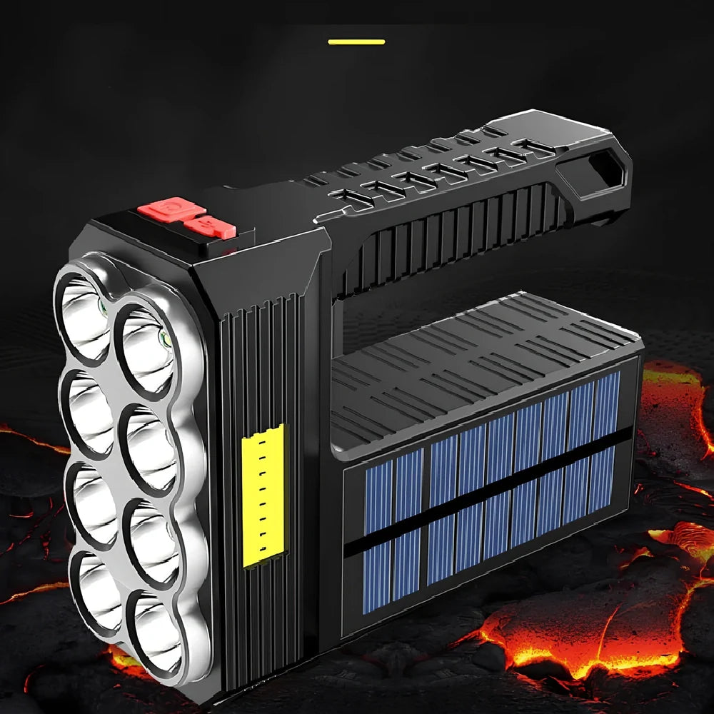 Solar USB rechargeable flashlight with 8 LED heads, aluminium alloy body, rubber switch, and side COB light
