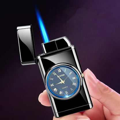 Electronic watch cigarette lighter with LED lamp in metal body showing five finish options