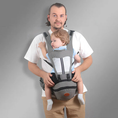 Waist stool baby carrier with 25cm seat supporting toddler, showing hip strap adjustment and weight distribution