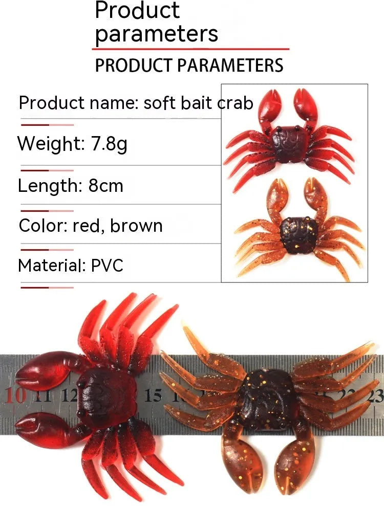 PVC software little crab bait lure measuring 8cm in red crab and brown crab colour options
