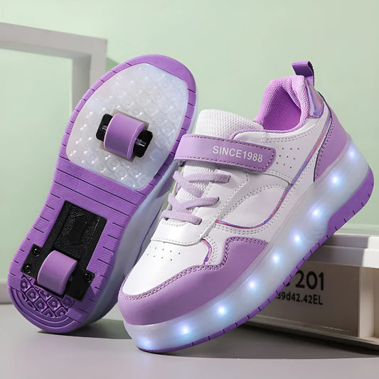 Children's charging flash roller skates with LED lights in pink, white, purple, and black colour options