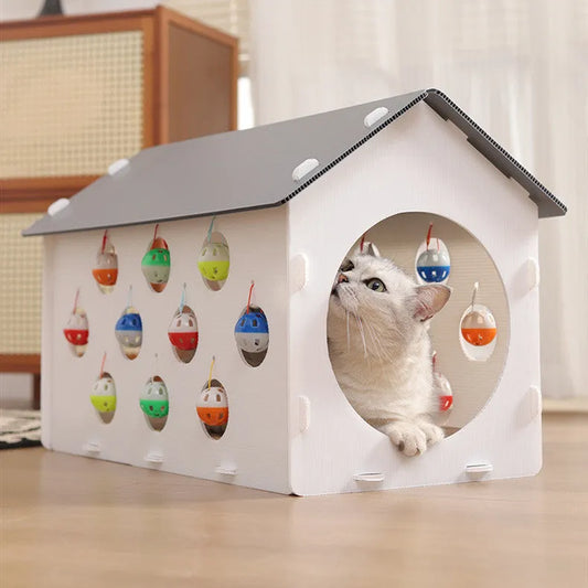 Cat scratch board with integrated 40cm nest and dangling bell ball toy for feline enrichment