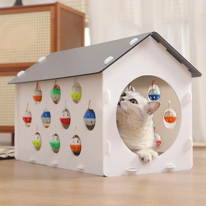 Integrated cat scratch board with attached nest and dangling bell ball toy on 15cm cord