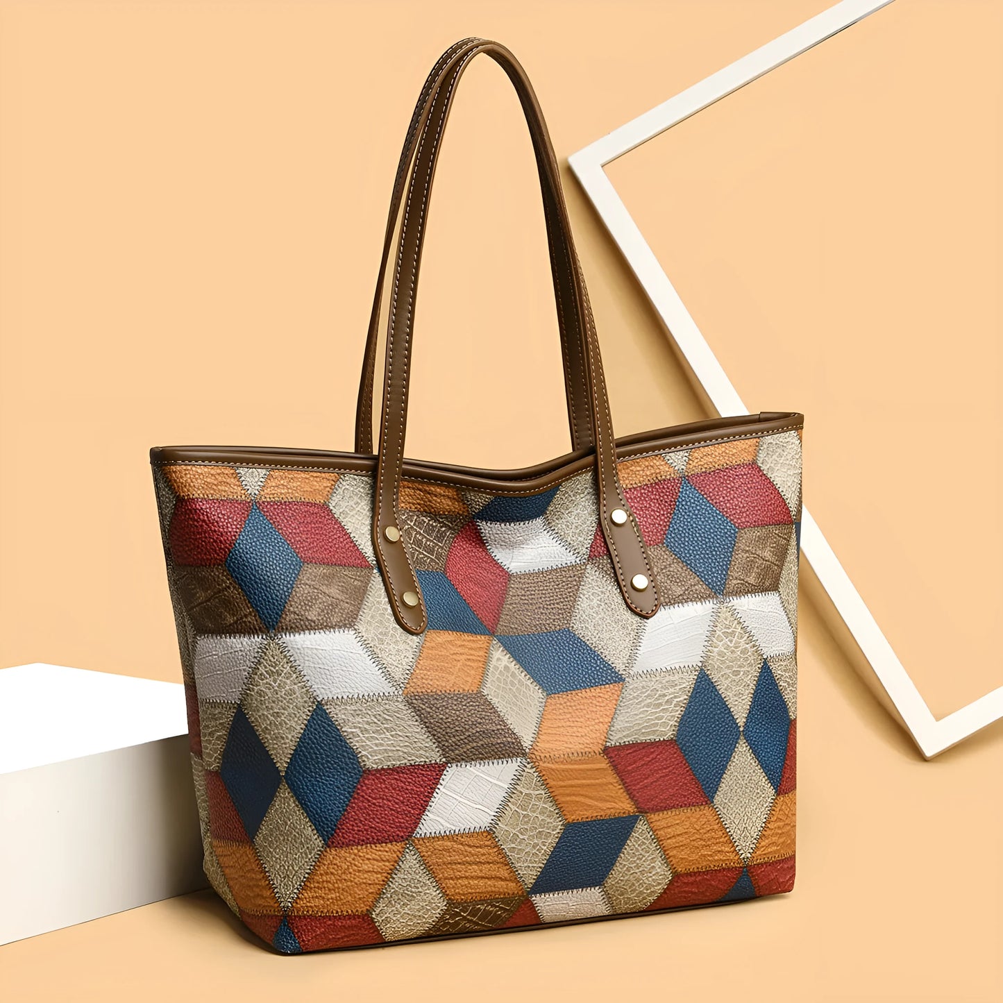Women's PVC shoulder handbag in blue brown colour with sandwich pocket organisation