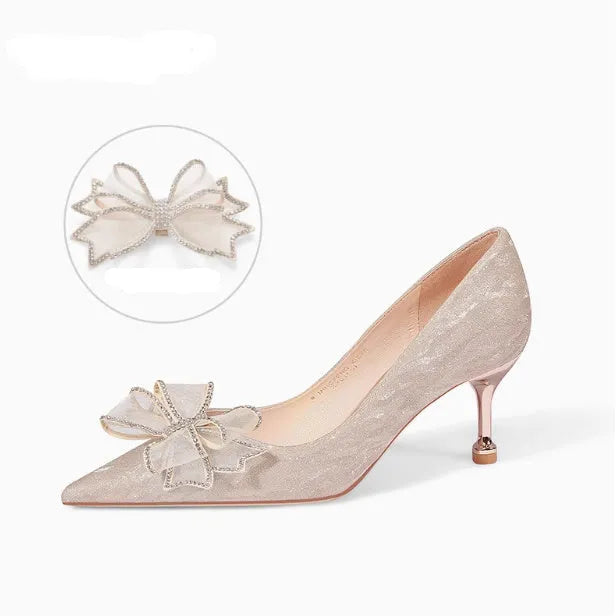 Champagne gold crystal sequinned stiletto heel pumps with shallow mouth for wedding banquets