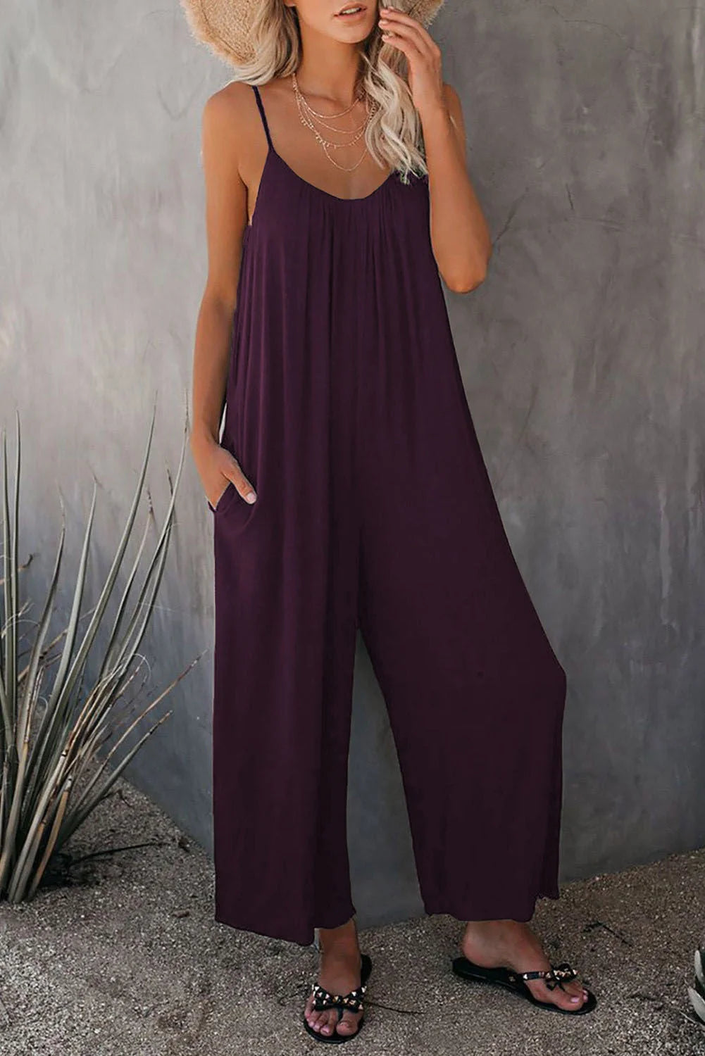 Women's sleeveless cotton blend jumpsuit with pockets in various colors