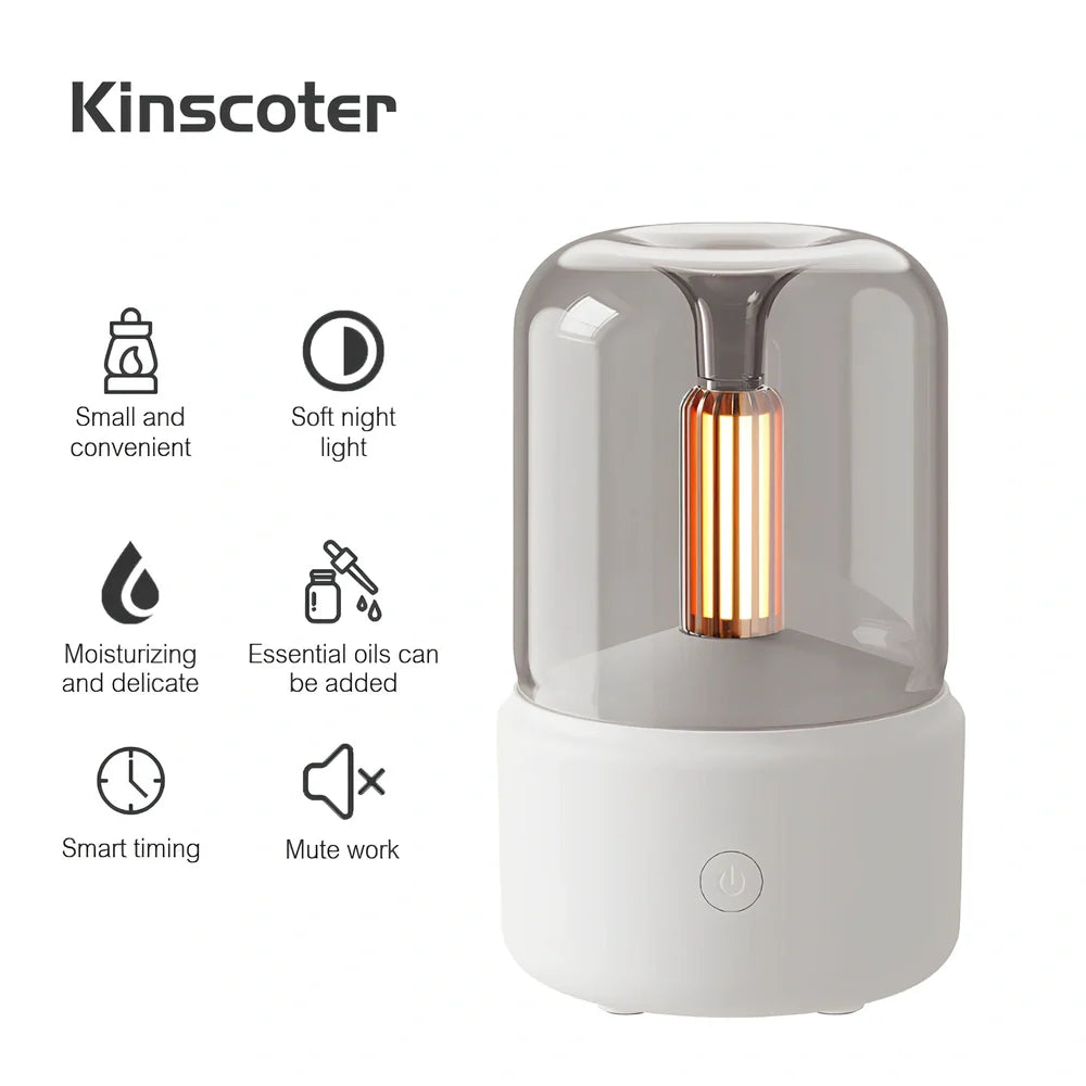 Beige columnar aroma diffuser with candle light simulation, 95x95x150mm dimensions