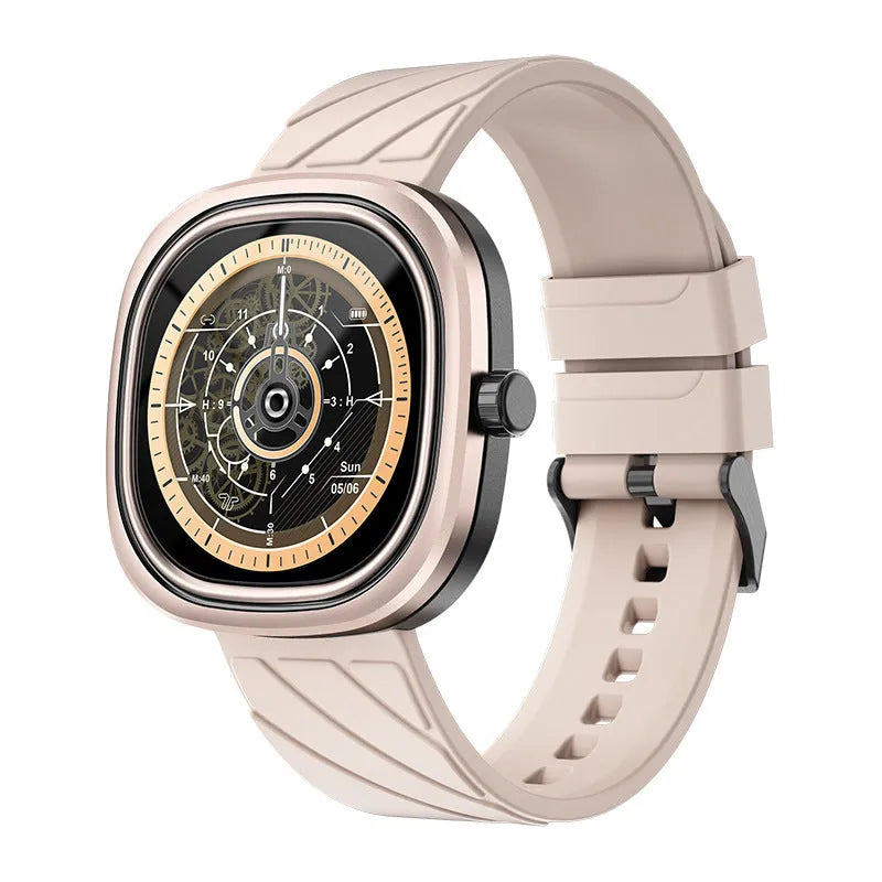 Black silicone band smart watch showing time on its 1.32-inch colour touch screen.
