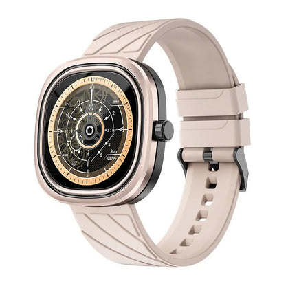 Black silicone band smart watch showing time on its 1.32-inch colour touch screen.