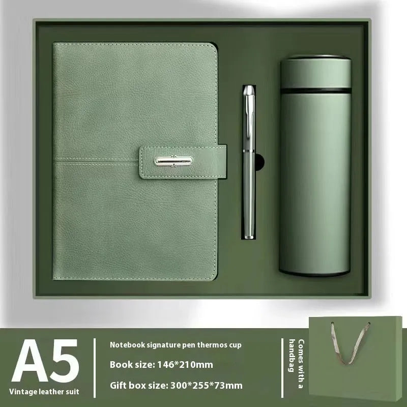 A5 notebook with imitation leather cover in a choice of colours including black, red, green, blue, and orange.