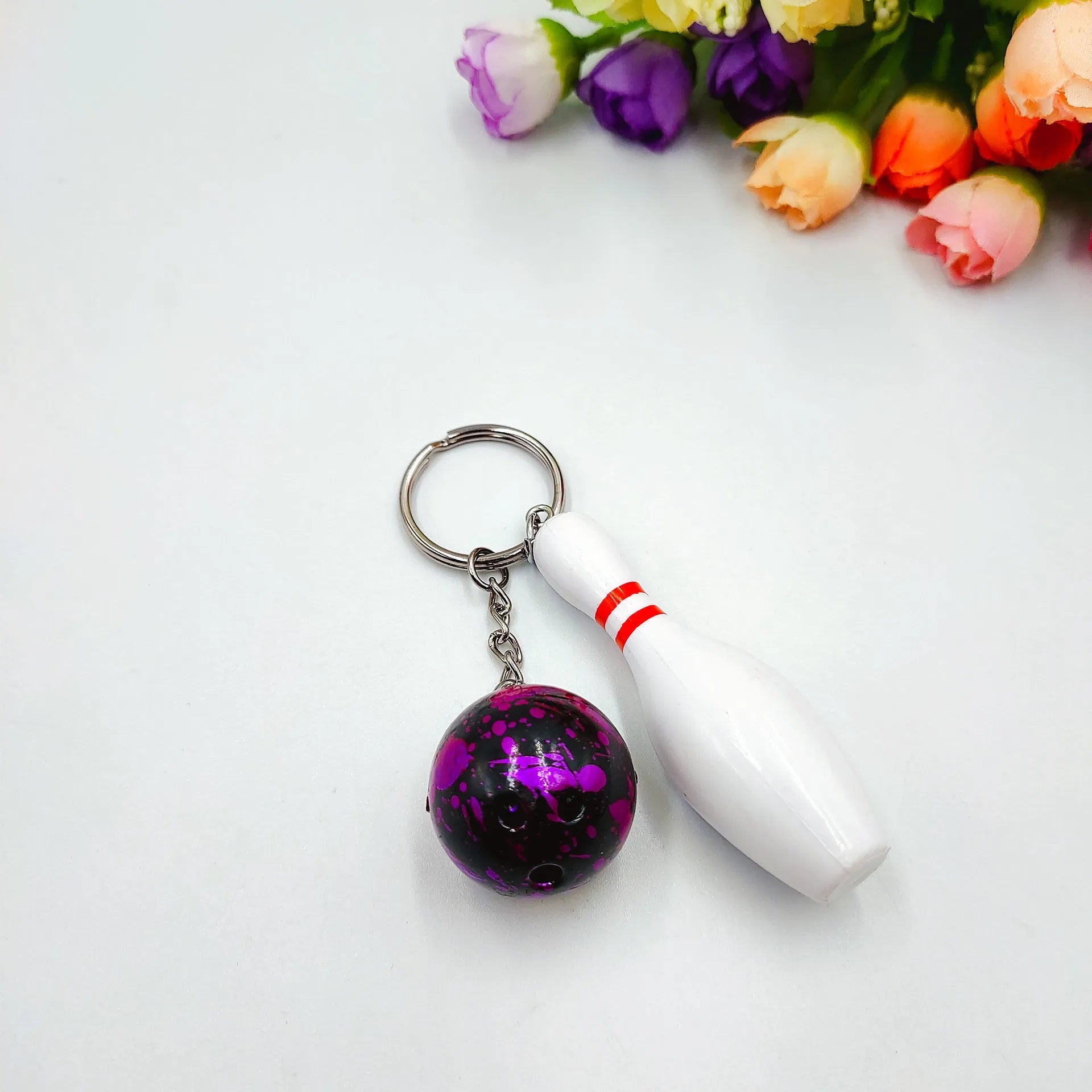 Mini simulation sports bowling pin keychain pendant in blue PVC metal