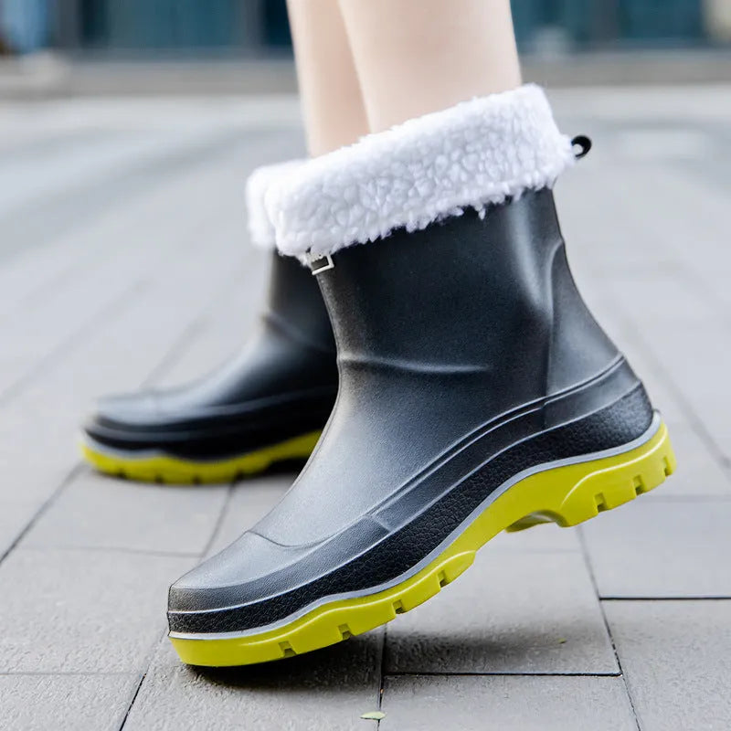 Women's low-cut white waterproof plastic shoes with a non-slip rubber sole on a plain background.