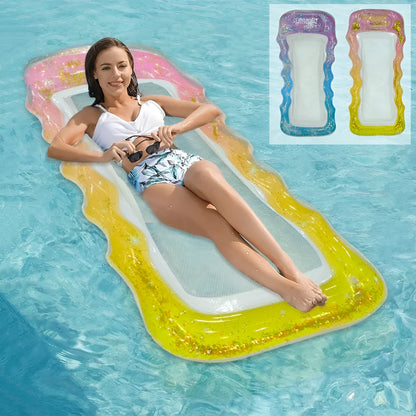 PVC inflatable pool floating row with sequins and mesh deck on blue water