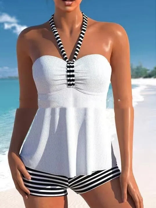 Women's off-shoulder striped swimsuit in black and white design with briefs style