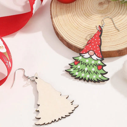 Wooden Christmas earrings with Christmas tree and water drop snowman designs, 3.5cm height