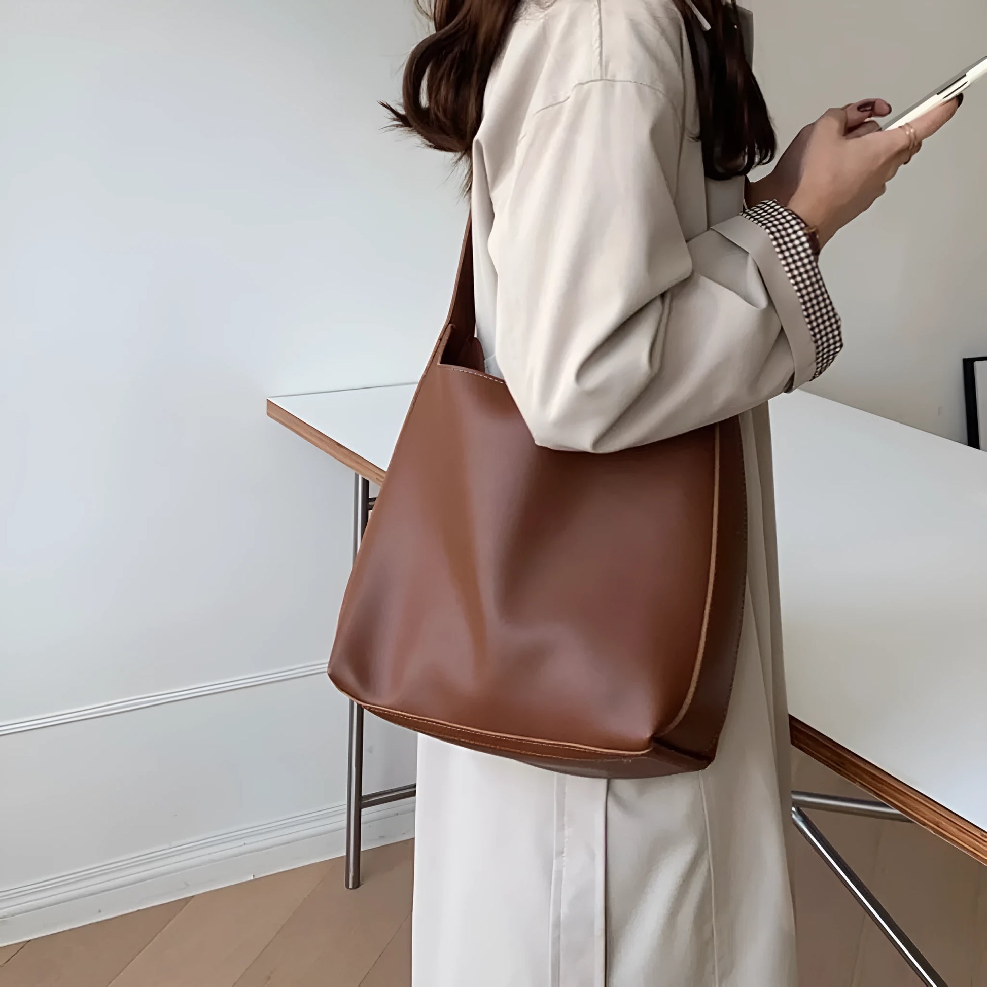 Black and brown soft PU leather women's shoulder bags with decorative swing threads