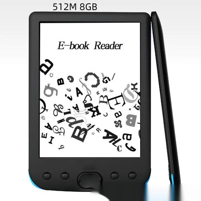 Black 6-inch e-book reader with E-ink screen showing digital text display