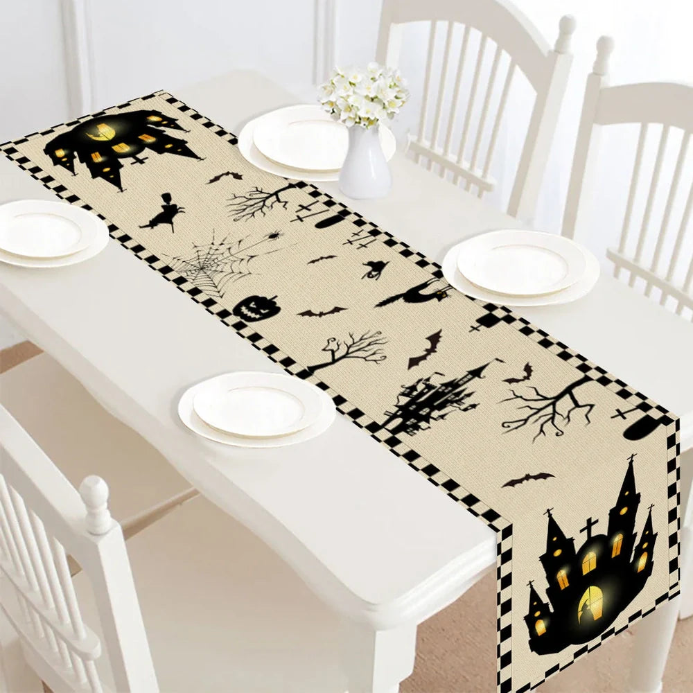 Halloween table runner with digital printed designs measuring 30cm by 182cm on polyester linen material