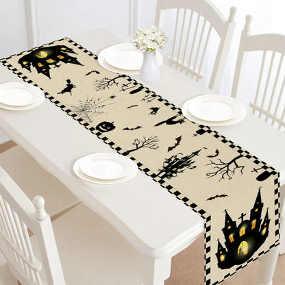 Halloween table runner with digital printed designs measuring 30cm by 182cm on polyester linen material