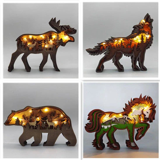 Handcrafted wooden elk and brown bear Christmas decorations with forest theme