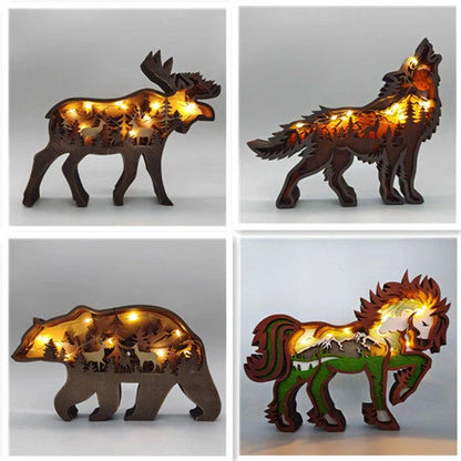Handcrafted wooden elk and brown bear Christmas decorations with forest theme