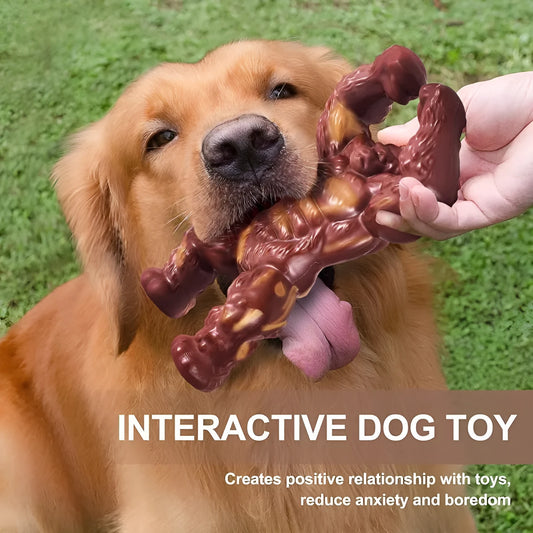 Scarlet nylon dog molar chewing toy with beef flavour, shown alongside dimensions