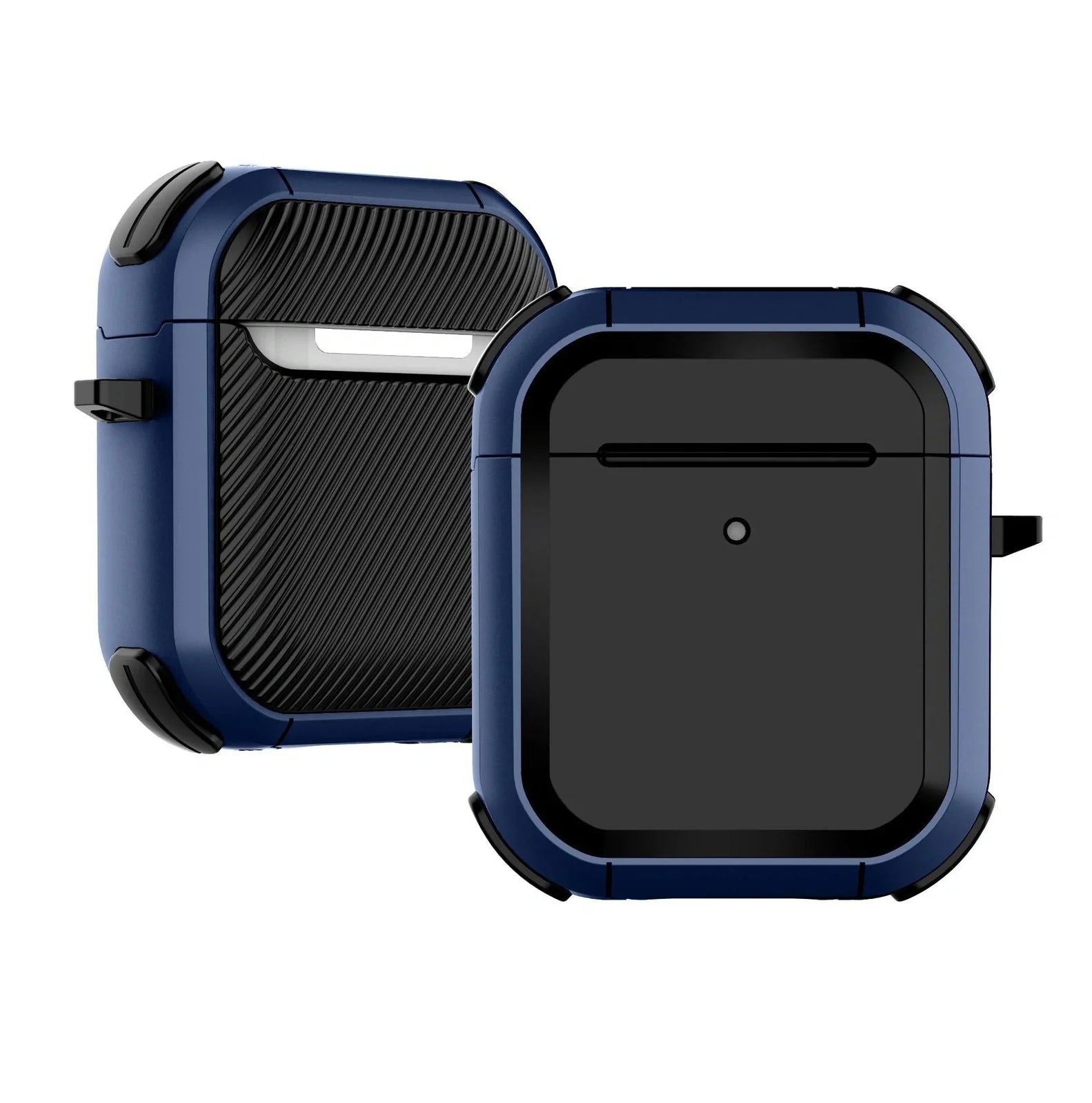 AirPods protective sleeve case in clamshell design with multiple colour options showing charging port cutouts
