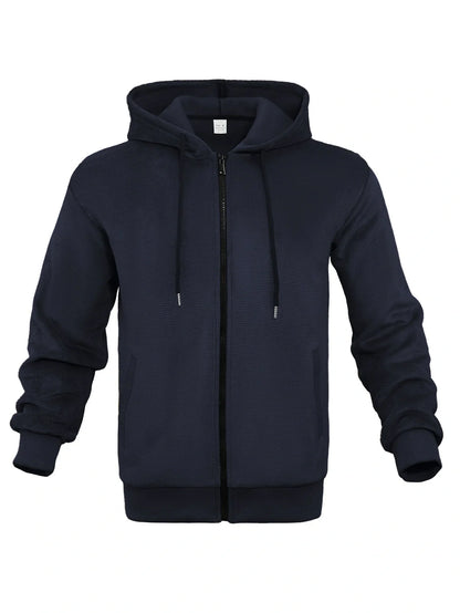 Men's grey zippered hooded sweatshirt with fleece lining and full-length front zip