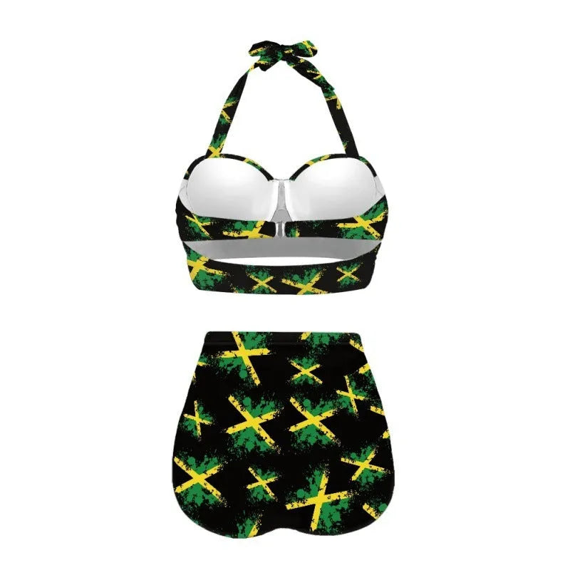 Blue women's halter neck bikini with lace-up front and brief bottoms.