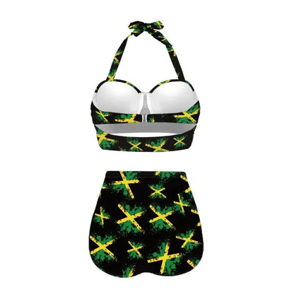 Blue women's halter neck bikini with lace-up front and brief bottoms.